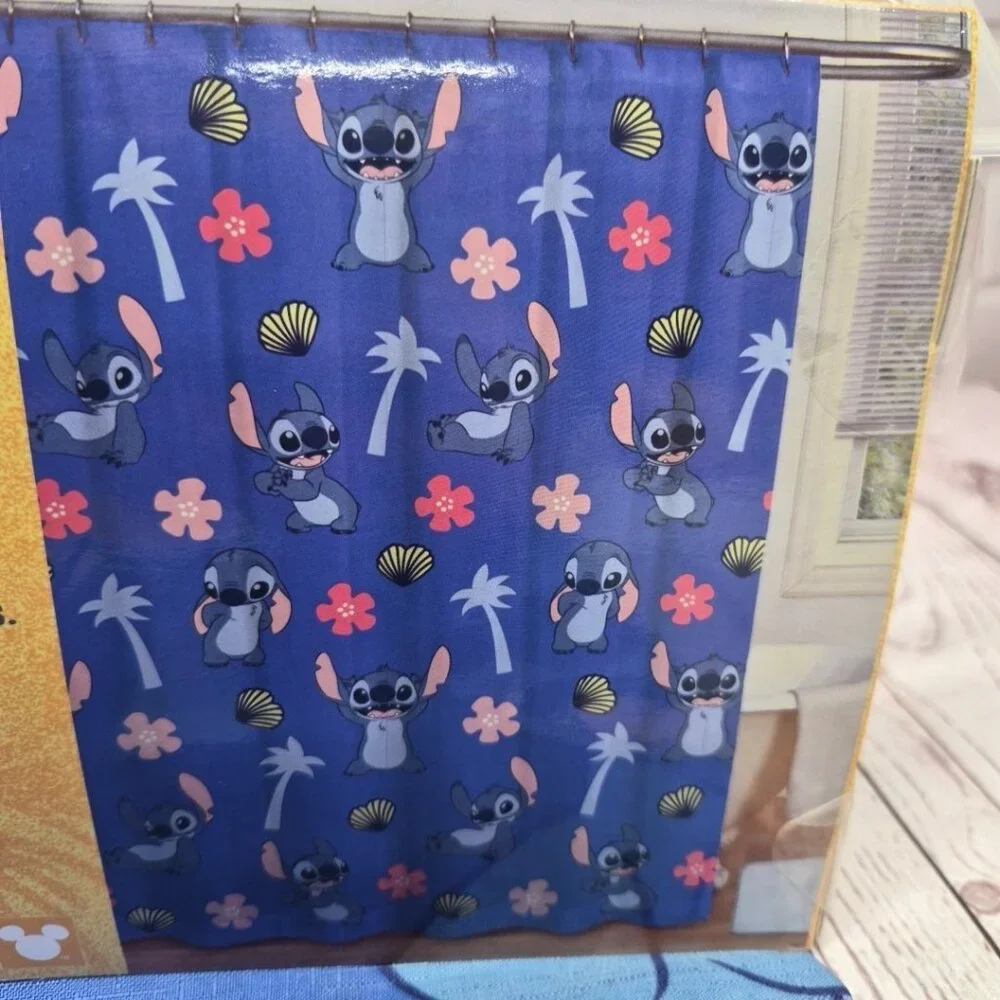 Disney Stitch Shower Curtain Set 72 In‎ X 72 In - 12 Metal Roller Hooks, New